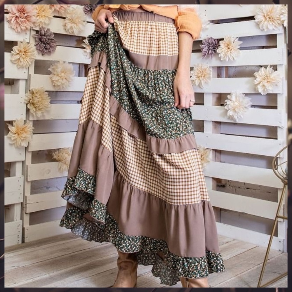 EASEL "Mix & Match" Gingham & Floral Print Ruffle Trim Tiered Maxi Skirt & Dress - Picture 2 of 16